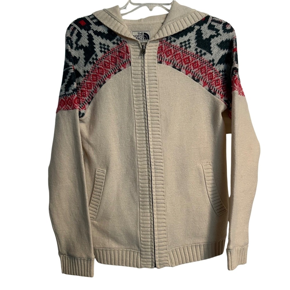 The North Face Women's Cream Fair Isle Knit Full Zip Hooded Sweater Size S